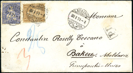 Stamp of Switzerland / Schweiz » Sitzende Helvetia Gezaehnt » Destinationen RUMÄNIEN 1871: 30C ultramarin und 5C braun