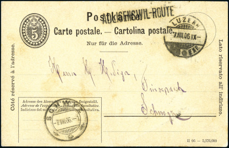 Stamp of Switzerland / Schweiz » Ganzsachen » Postkarten 1905/06 5C schwarz, mit schwarzem Postrouten-Stabstempel