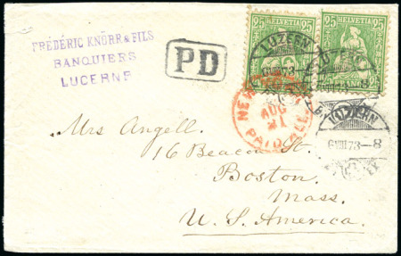 USA 1873: 25C grün (2) auf kleinformatigem Kuvert