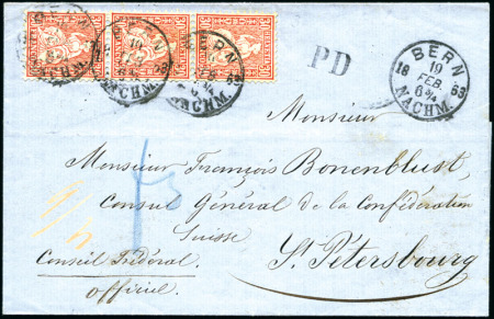 Stamp of Switzerland / Schweiz » Sitzende Helvetia Gezaehnt » Destinationen RUSSLAND 1867: 30C zinnober Dreierstreifen