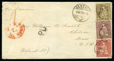 USA 1870: 1Fr golden, 50C lila und 10C rot