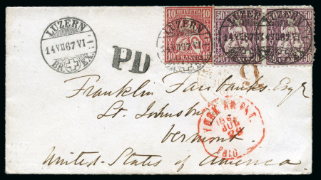 USA 1867: 50C lila im Paar zusammen mit 10C rot