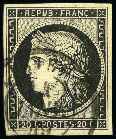 Stamp of France 20c noir obl. càd Lisieux 4 janvier 1849