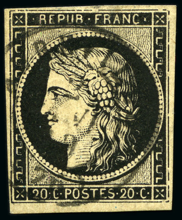 Stamp of France 20c noir obl. càd Abeville 2 janvier 1849