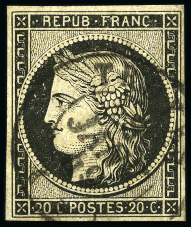 Stamp of France 20c noir obl. càd Troyes 3 janvier 1849