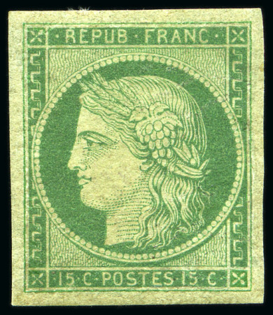 1849 15c vert, neuf, très beau d'aspect, réparé