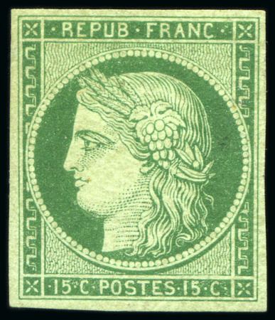 Stamp of France 1849 15c vert, neuf avec gomme d'origine