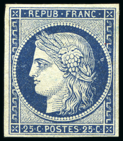 Stamp of France 1849 25c bleu, neuf sans gomme, TB, signé Calves