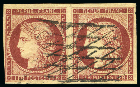 1849 1F carmin en paire obl. grille sans fin