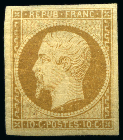 Stamp of France 1852 10c Présidence, neuf sans gomme, replaqué