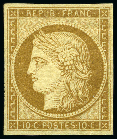 Stamp of France 1849 10c bistre-jaune, neuf avec gomme d'origine