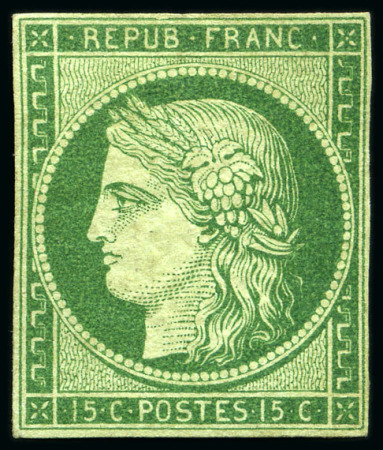 Stamp of France 1849 15c vert foncé, neuf avec gomme d'origine, TB
