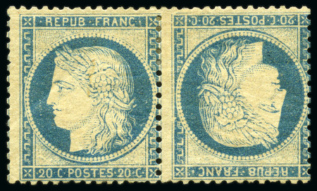 1870 20c Siège bleu sur jaunâtre en paire
