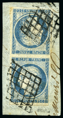 Stamp of France 1849 25c bleu en paire verticale tête-bêche