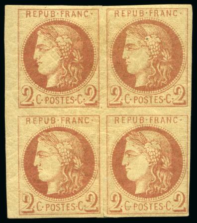 Stamp of France 1870 Bordeaux 2c Report I, rare nuance brun-rouge
