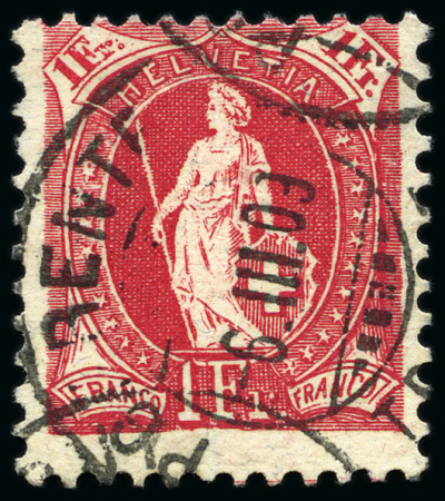 Stamp of Switzerland / Schweiz » Stehende Helvetia 1907 1Fr. karmin, Feld 268, Druckplatte Iia
