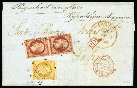 Stamp of France 1F Empire en paire bien margée +10c bistre obl.