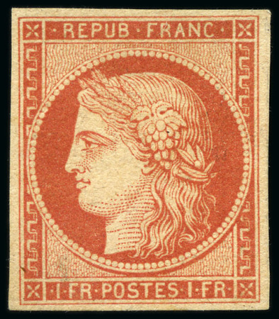 Stamp of France 1849 1F vermillon pâle dit VERVELLE, nuance vive
