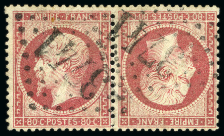 Stamp of France 80c rose foncé Empire dentelé en paire TETE-BECHE