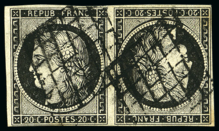 Stamp of France 1849 20c noir sur blanc en paire TETE-BECHE obl.