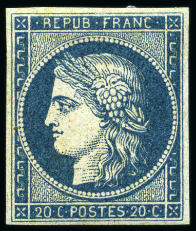 Stamp of France 20c bleu sur azuré, non émis, gomme d'origine, TB