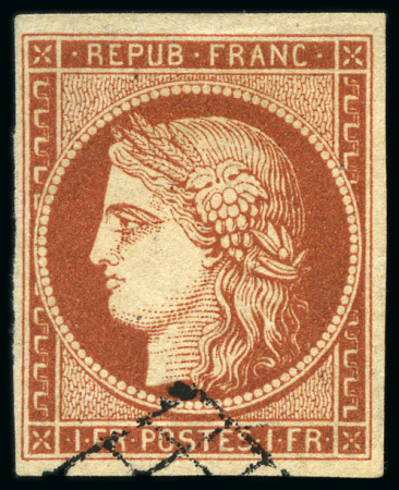 Stamp of France 1849 1F vermillon foncé avec oblitération grille