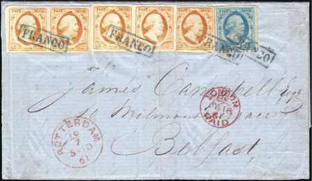 Stamp of Netherlands 1852 15c Orange strip of three + pair + 5c paying 80c double rate, all good to large margins, on 1861 cover from Rotterdam to Belfast