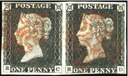 1840 1d Black pl.2 RC-RD pair with fine to good ma