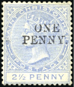 Stamp of St. Kitts-Nevis » St. Christopher 1888 1d on 2 1/2d Ultramarine with original value 