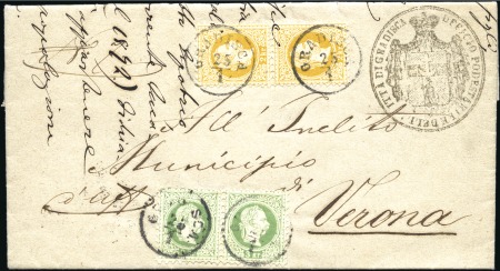 1867-84 2Kr Yellow pair and 3kr green pair tied GR