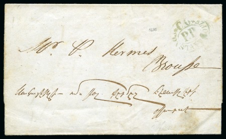 1851 Folded entire from Constantinople to Brousse, bearing Admiralty frank double oval PP/CO/CONSTANTINOPLE in green