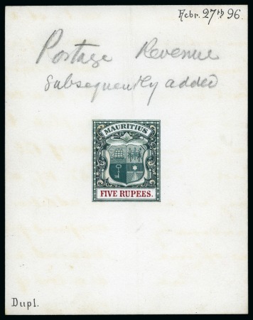 Stamp of Mauritius » Later Issues 1896 De La Rue artist's essay for the 1902 Arms high value