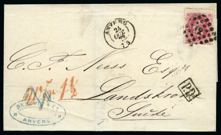 Stamp of Belgium » Belgique. Léopold 1er - Nouveau Type (COB 17-21) 1872 Folded cover to Sweden franked 1870 40c tied 