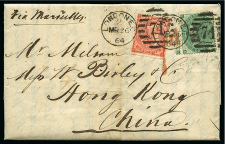 Stamp of Great Britain » 1855-1900 Surface Printed 1864 Two covers to HONG KONG, both franked 1s gree