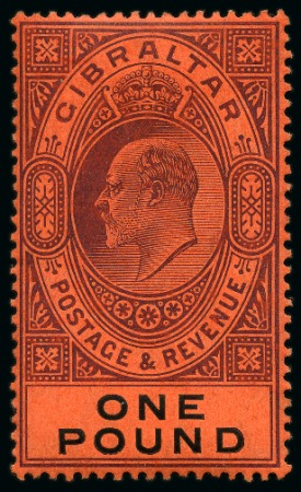 Stamp of Gibraltar 1904-08 MCA £1 deep purple and black on red mint hr,