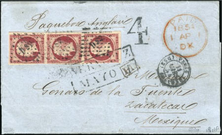 Stamp of France 1853 1F Empire non dentelé en bande de trois sur pli de Paris pour le Mexique