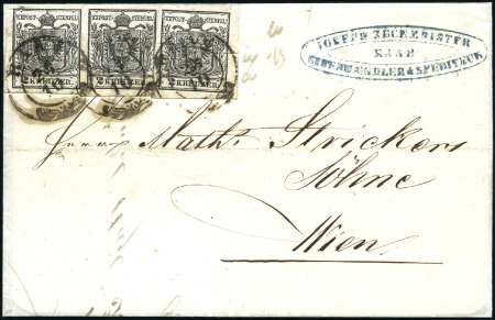 Stamp of Hungary 1850 2Kr Black, three singles tied RAAB 25/10 (185