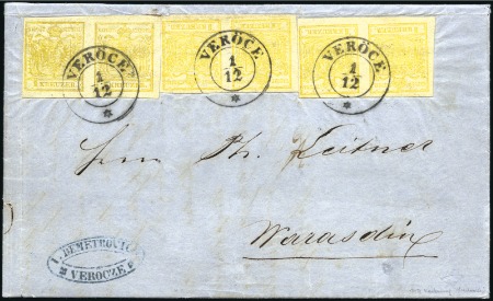 1850 1Kr Yellow, three pairs tied by VERÖCE 1/12 (