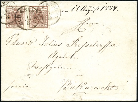 Stamp of Hungary 1850 6Kr Brown (2), tied by SCHAESSBURG 1/8 (1854)