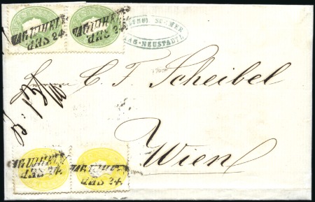 1860-61 3Kr Green in pair and 2Kr yellow in pair t