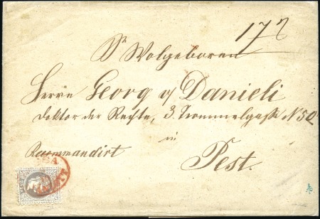 Stamp of Hungary 1867 25Kr Lilac tied by red oval KASSA 9/10 AJÁNLO
