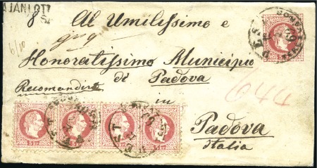 1867 5Kr red, strip of three and single plus two s