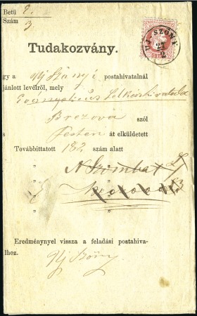 POSTAL TRACER FORM: 1867 5Kr Red tied by UJ-SZÖNY 