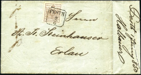 Stamp of Hungary 1850 6Kr Brown, handmade paper, type Ia, tied by b