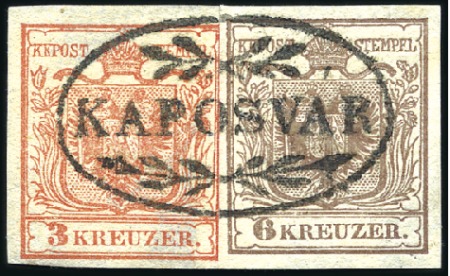 Stamp of Hungary 6Kr Brown and 3Kr red handmade paper type I tied b