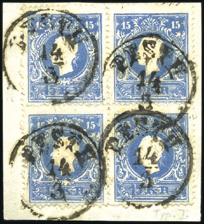 Stamp of Hungary 1858 15Kr Blue, type I, block of four tied to piec