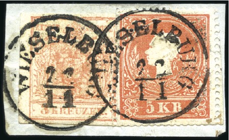 Stamp of Hungary 1858 5Kr Red, type I, and 1850 3Kr red machine pap