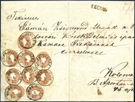 Stamp of Hungary 1860 10Kr Brown, 9 examples tied by GY:SZ:MIKLÓS 6