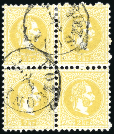 Stamp of Hungary 2Kr gelb im Viererblock entwertet mit Einkreis POZ