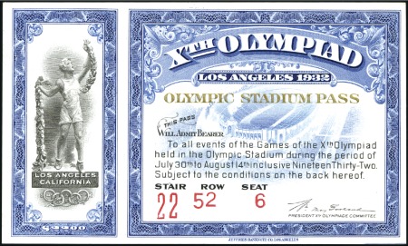 1932 Los Angeles. Season pass for the Olympic Stadium, very fine